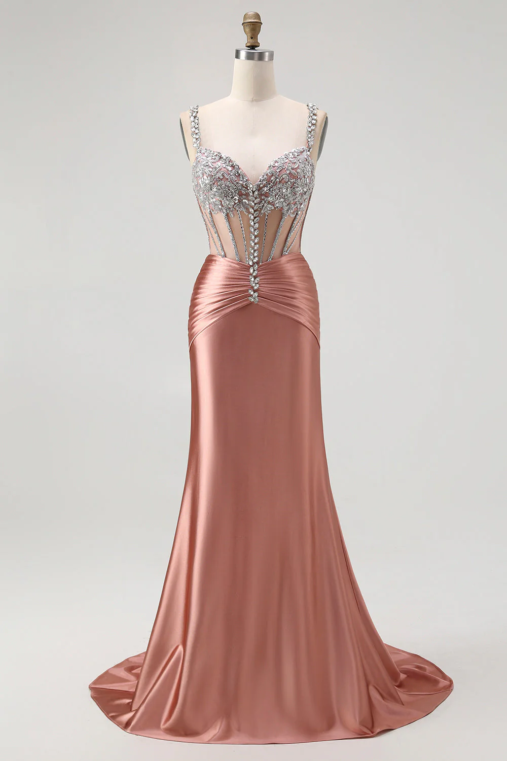Robe de soirée sirène blush à bretelles fines corset décoré de strass - Image 3