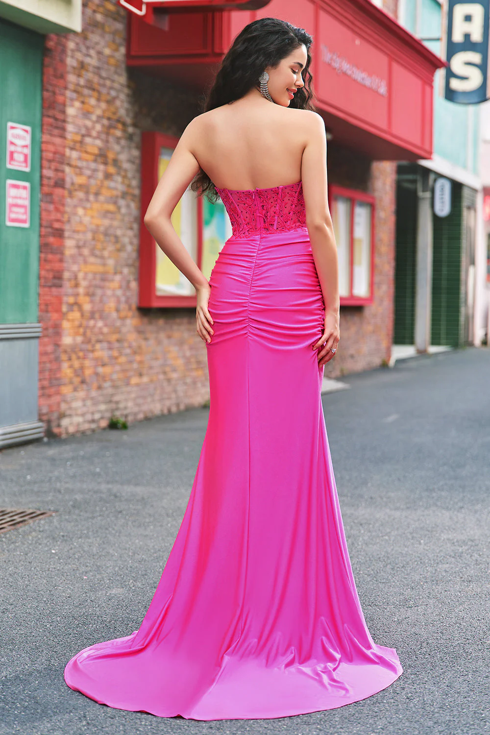 Sirène applique bustier corset Robe De Soirée fuchsia avec fente - Image 2
