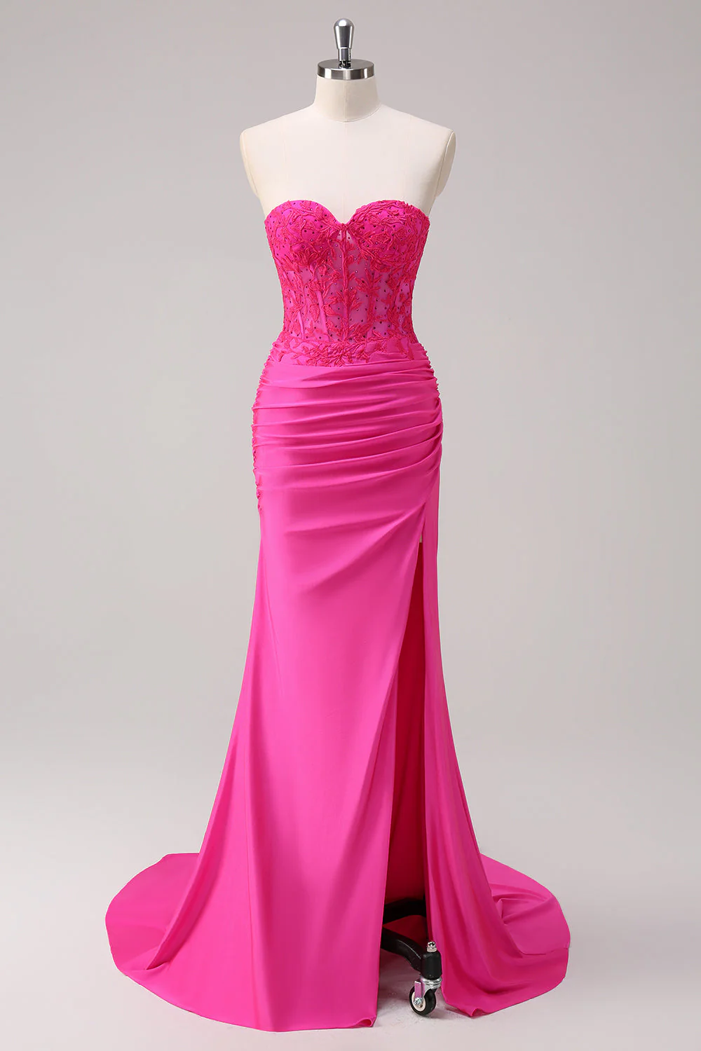 Sirène applique bustier corset Robe De Soirée fuchsia avec fente - Image 9