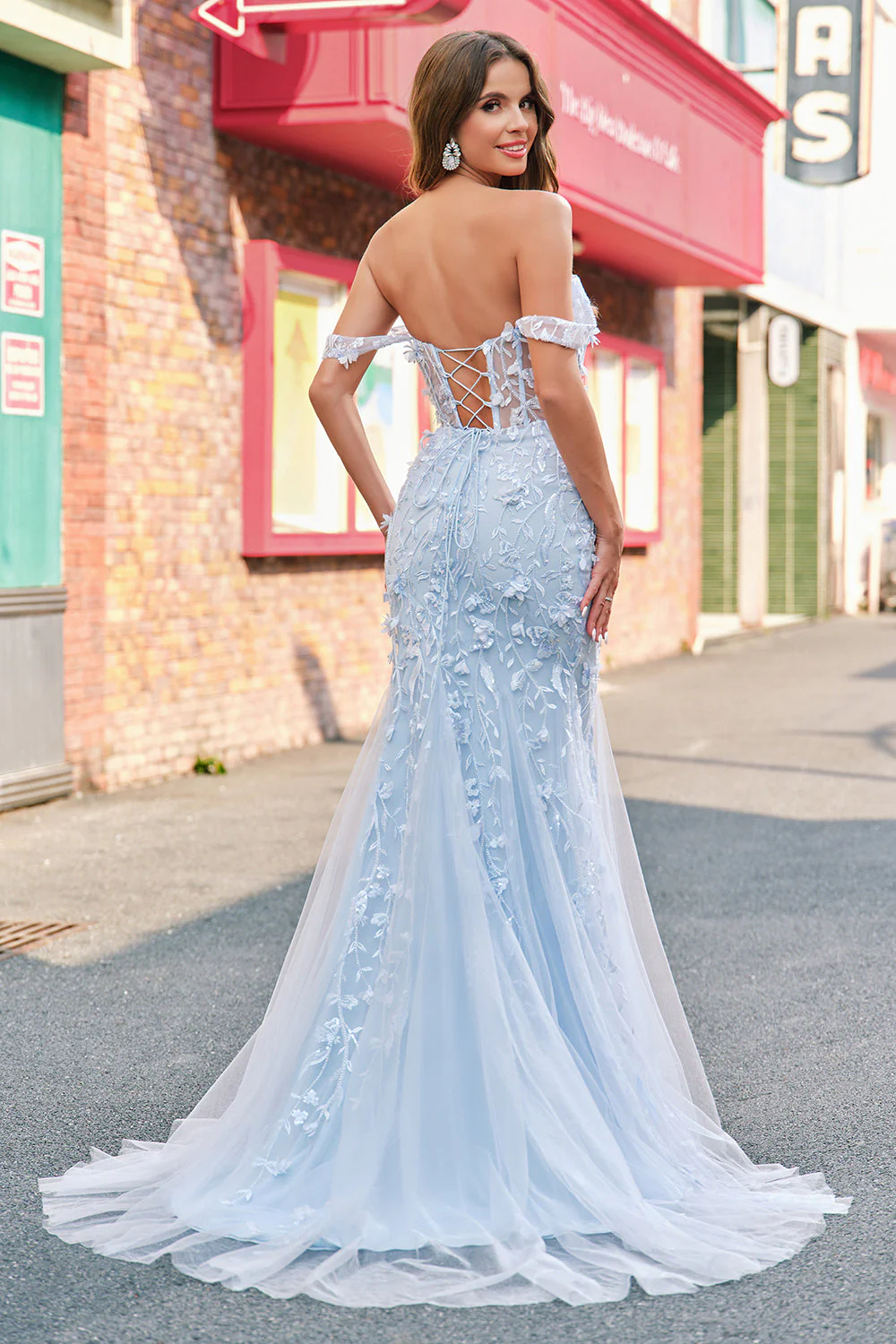 Sirène Applique Épaule Dénudée Corset Robe De Soirée Bleue - Image 2