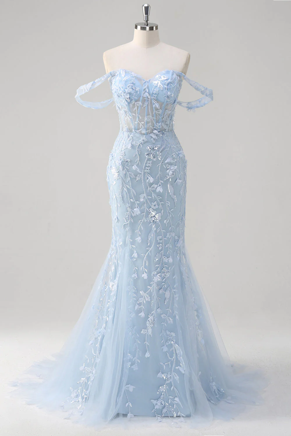 Sirène Applique Épaule Dénudée Corset Robe De Soirée Bleue - Image 3