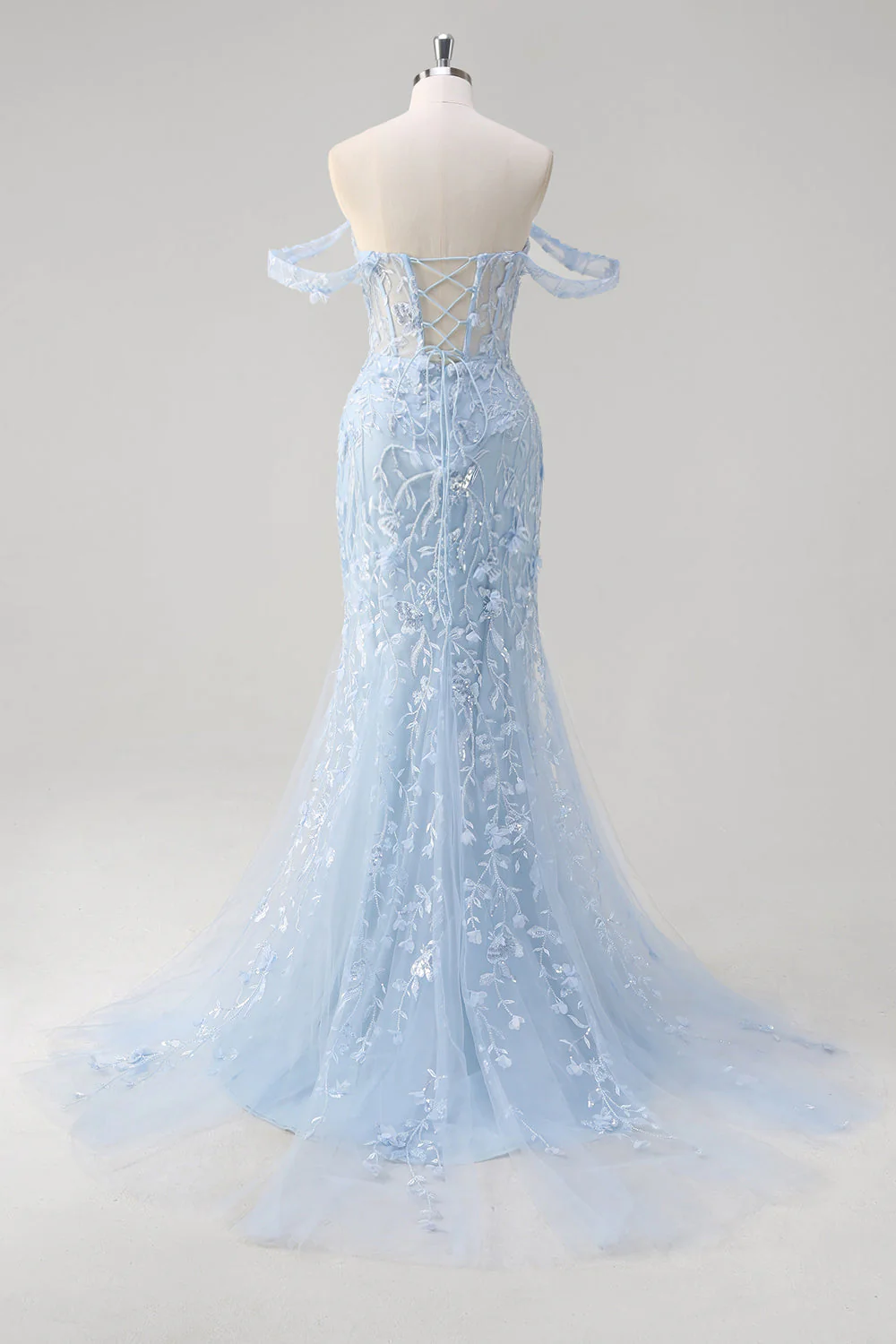 Sirène Applique Épaule Dénudée Corset Robe De Soirée Bleue - Image 4