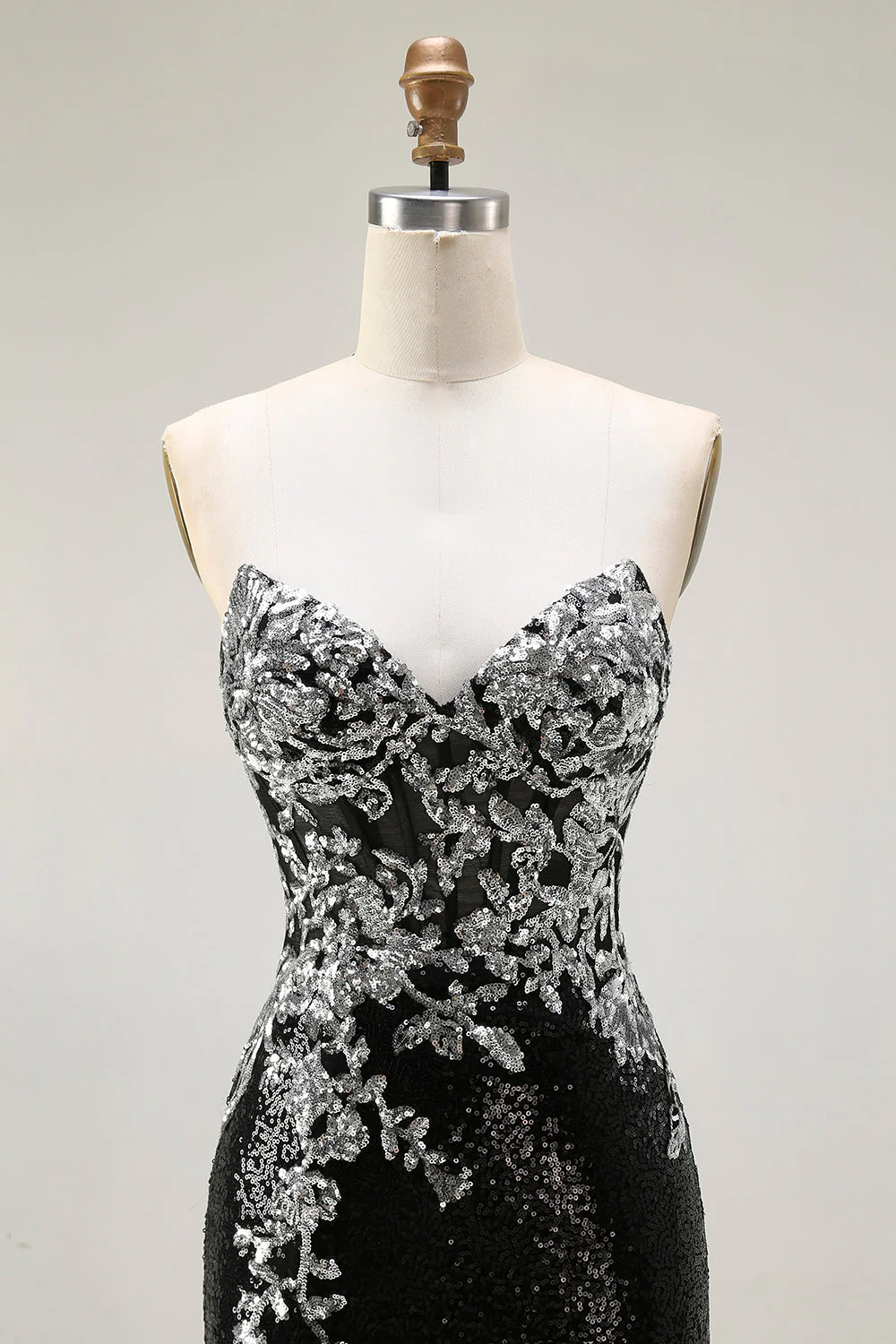 Robe de soirée sirène noire argentée scintillante bustier sans bretelles à paillettes - Image 4