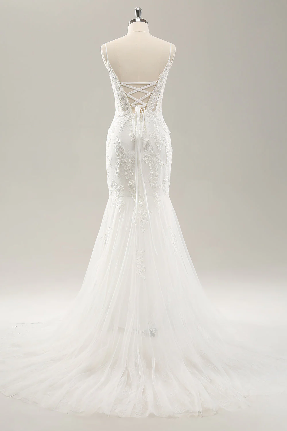 Sirène blanche bretelles spaghetti applique dentelle corset robe de mariée avec lacets dans le dos - Image 2