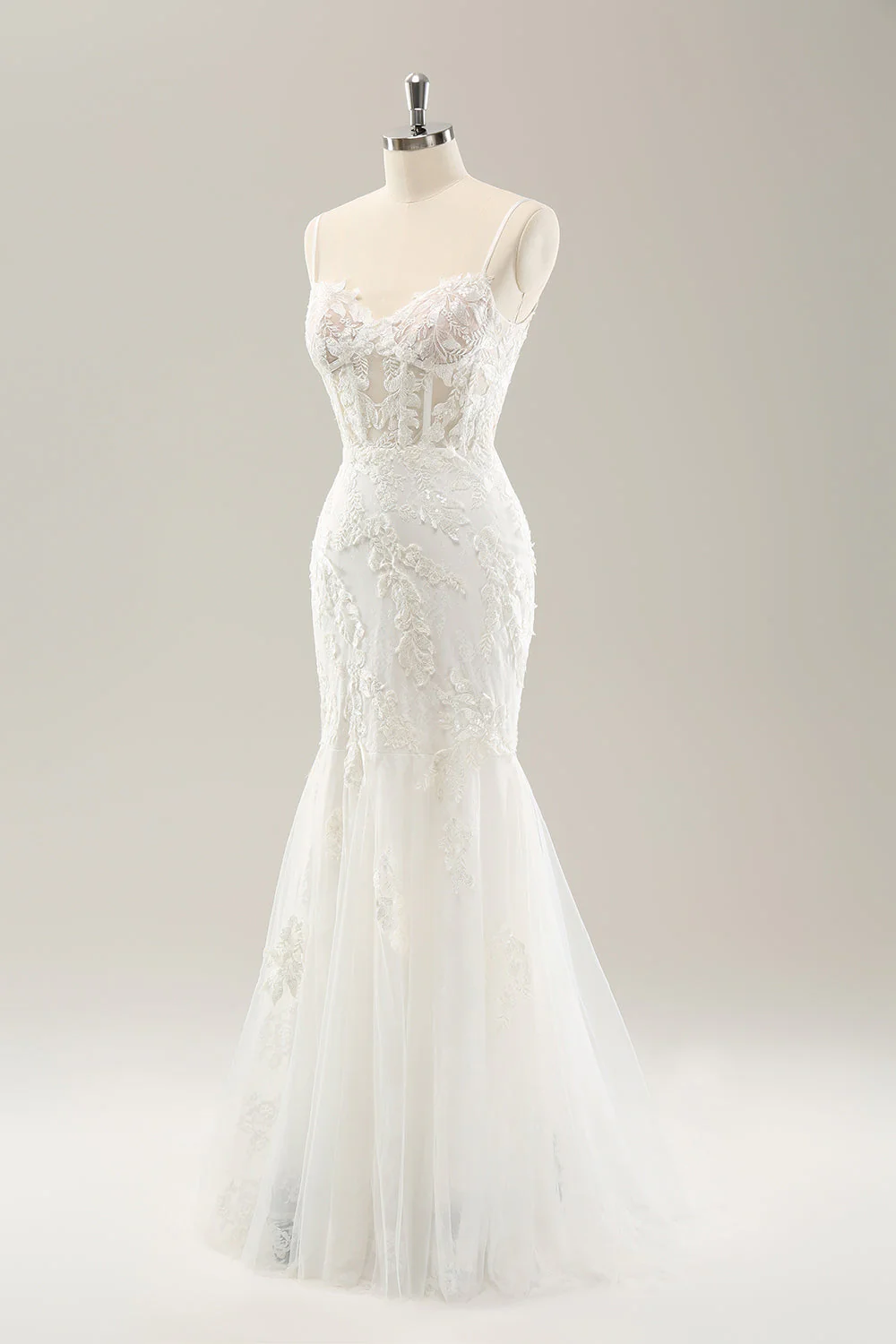 Sirène blanche bretelles spaghetti applique dentelle corset robe de mariée avec lacets dans le dos - Image 3