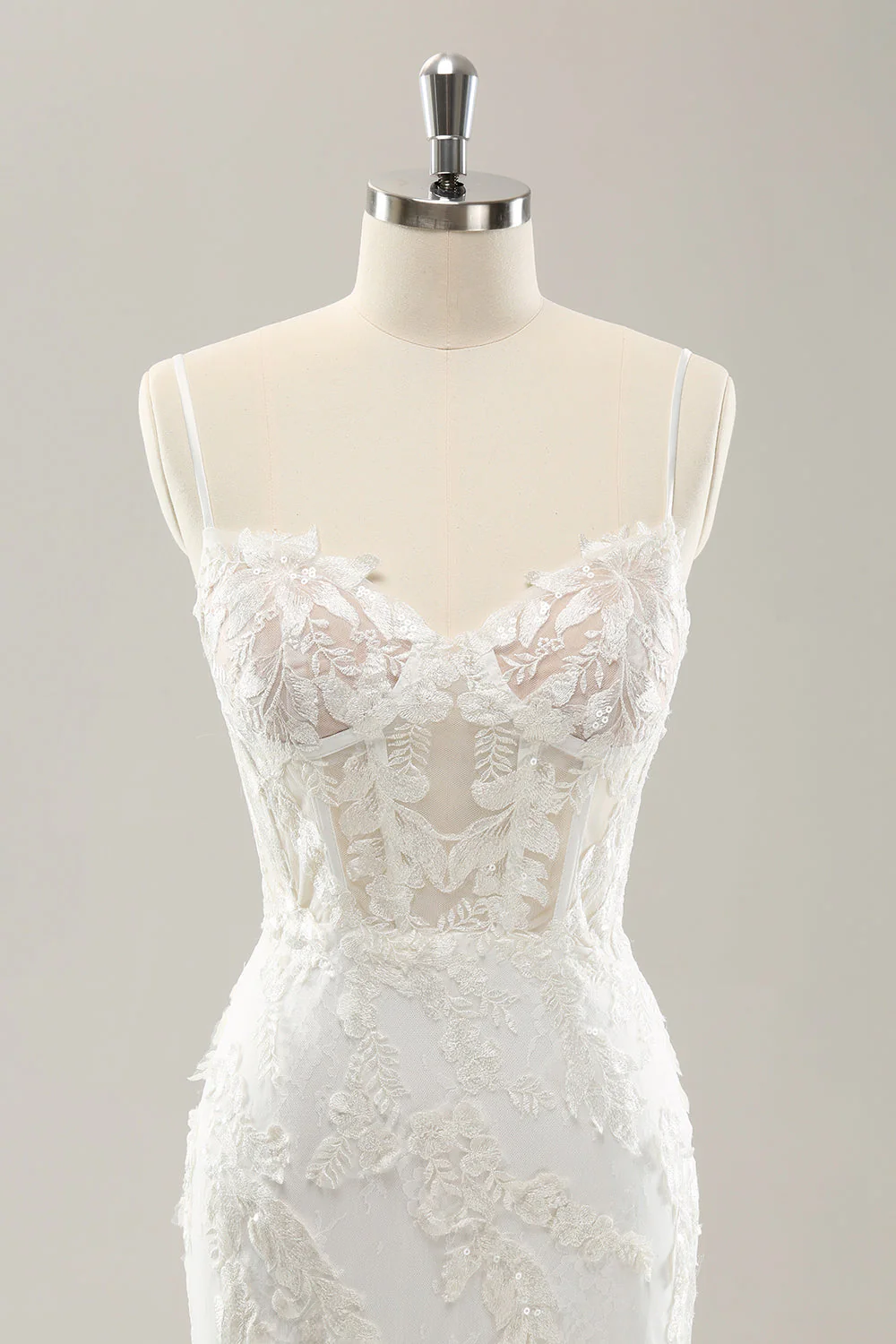 Sirène blanche bretelles spaghetti applique dentelle corset robe de mariée avec lacets dans le dos - Image 4