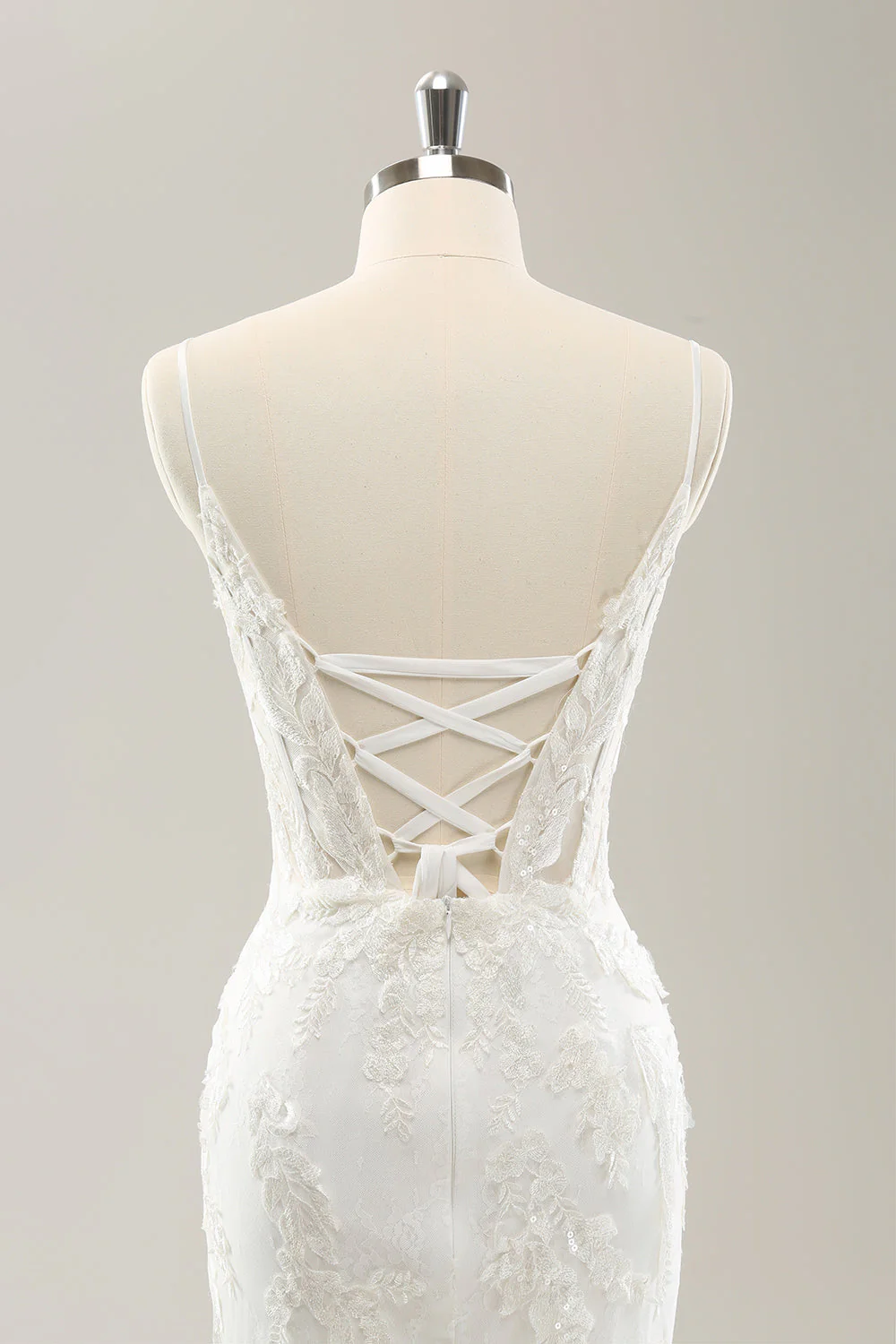 Sirène blanche bretelles spaghetti applique dentelle corset robe de mariée avec lacets dans le dos - Image 5
