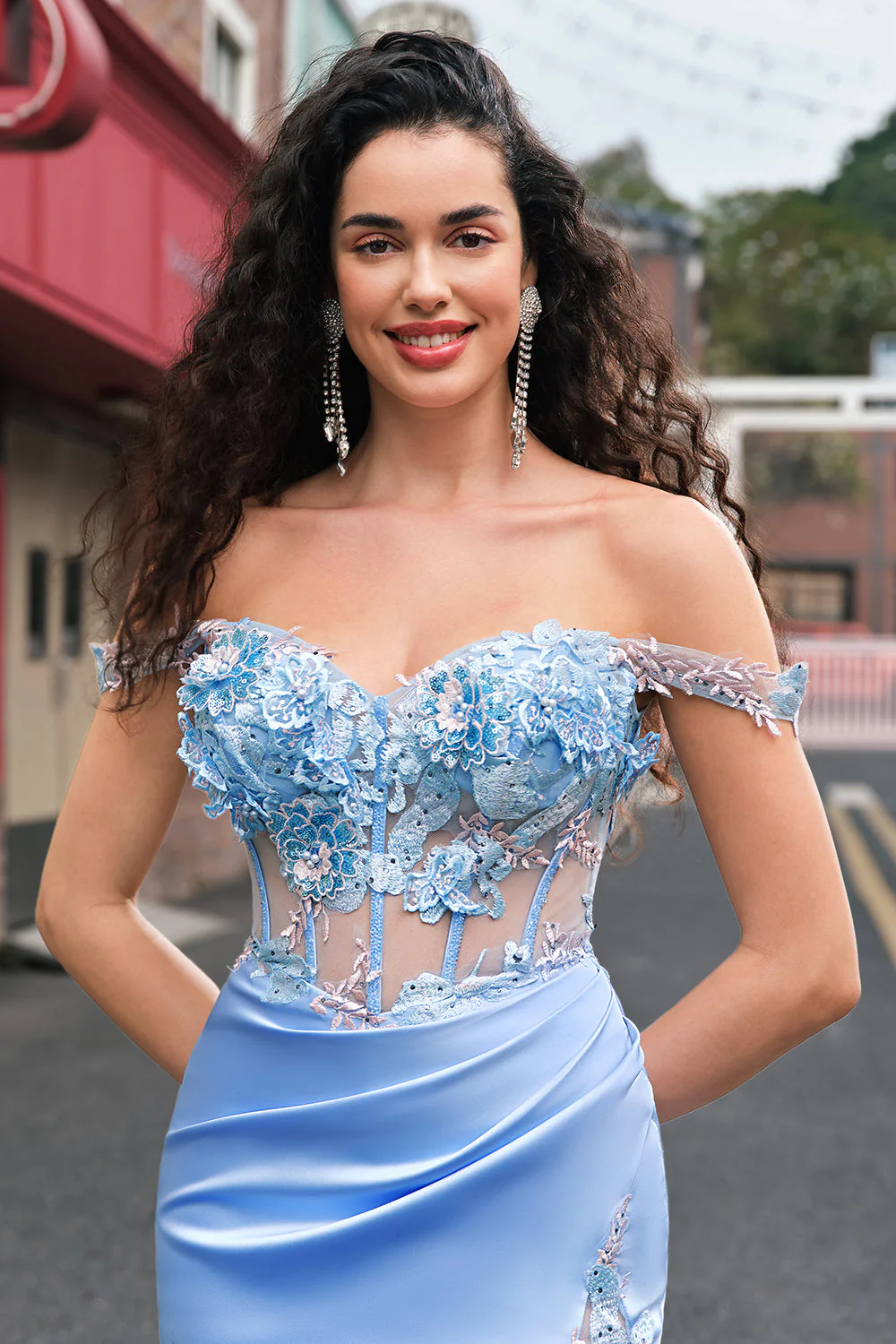 Sirène bleu ciel épaule dénudée Corset longue Robe De Soirée avec fente - Image 7