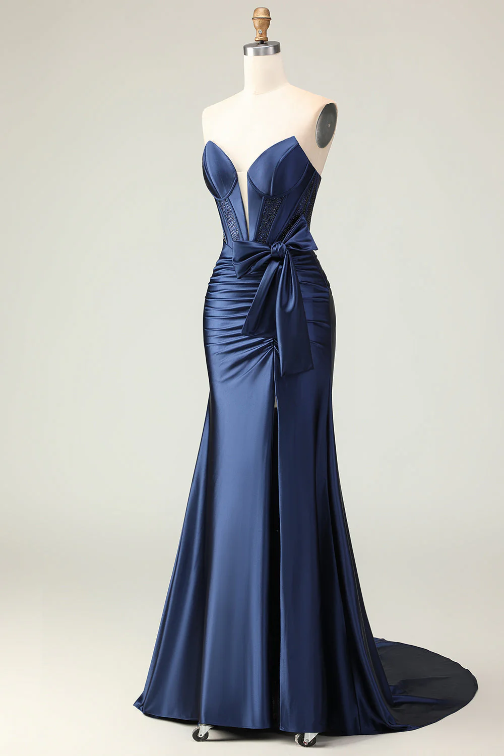Sirène bleu marine sans bretelles perlée Corset froncé longue robe de bal avec noeud - Image 5