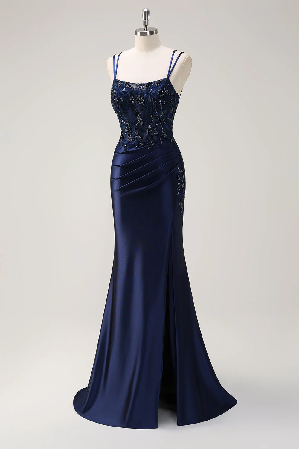 Sirène bleu marine spaghetti bretelles corset froncé robe longue de bal avec fente - Image 3