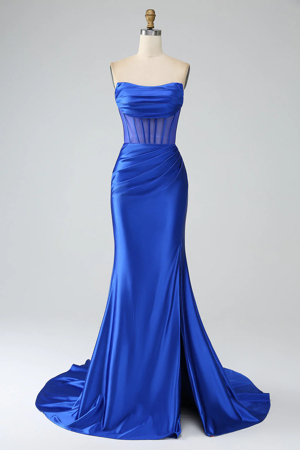 Sirène bleu royal bustier plissé corset longue robe de soirée avec fente