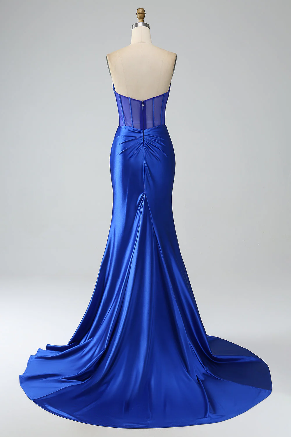 Sirène bleu royal bustier plissé corset longue robe de soirée avec fente - Image 2