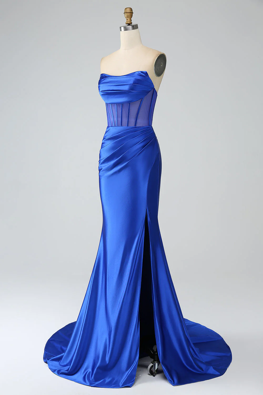 Sirène bleu royal bustier plissé corset longue robe de soirée avec fente - Image 3