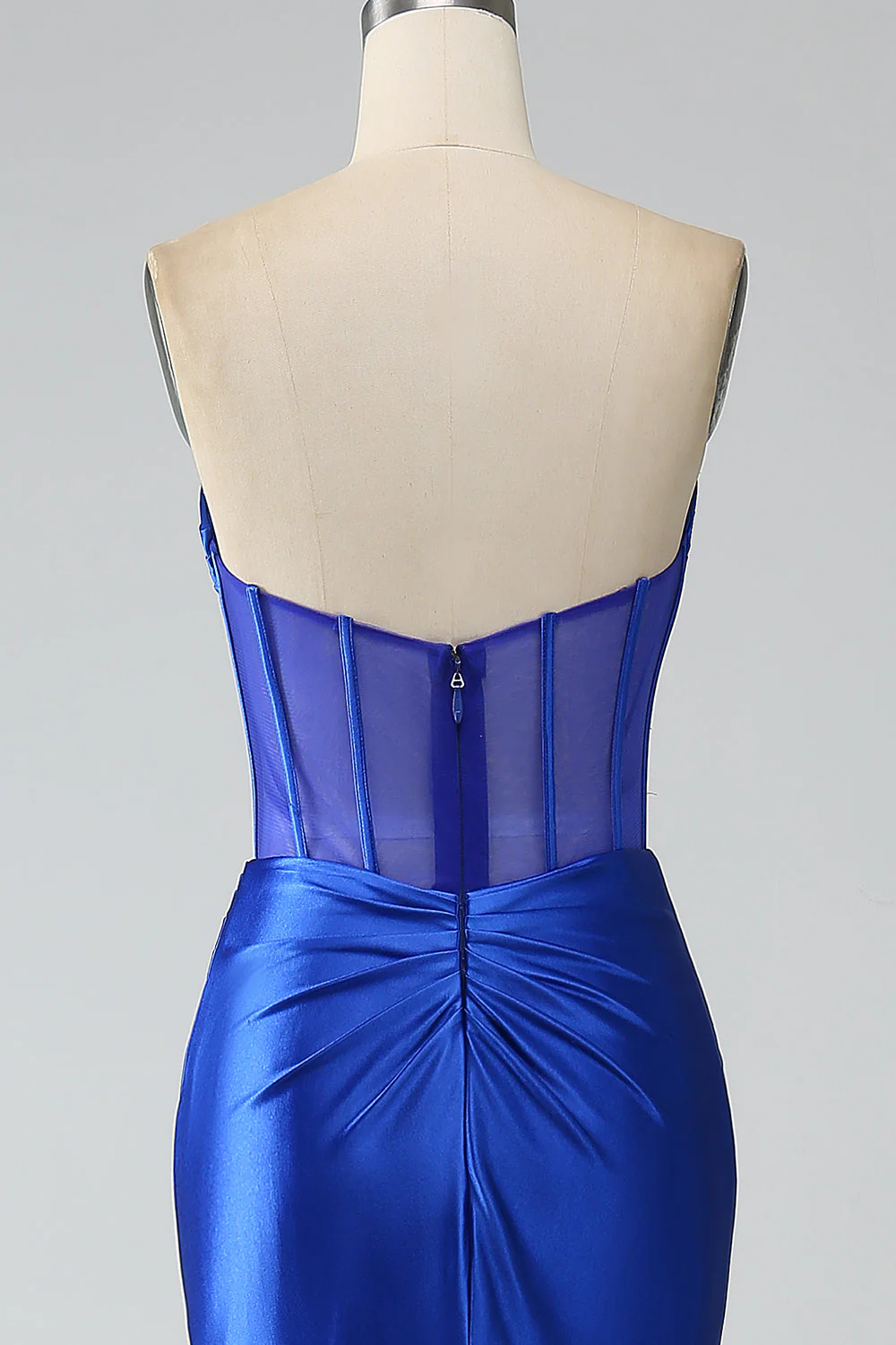 Sirène bleu royal bustier plissé corset longue robe de soirée avec fente - Image 5