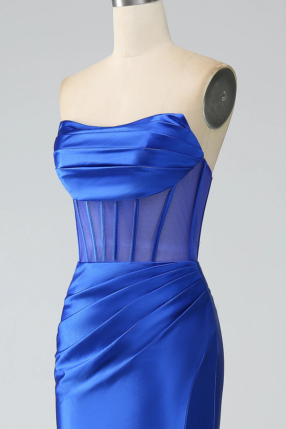 Sirène bleu royal bustier plissé corset longue robe de soirée avec fente - Image 6
