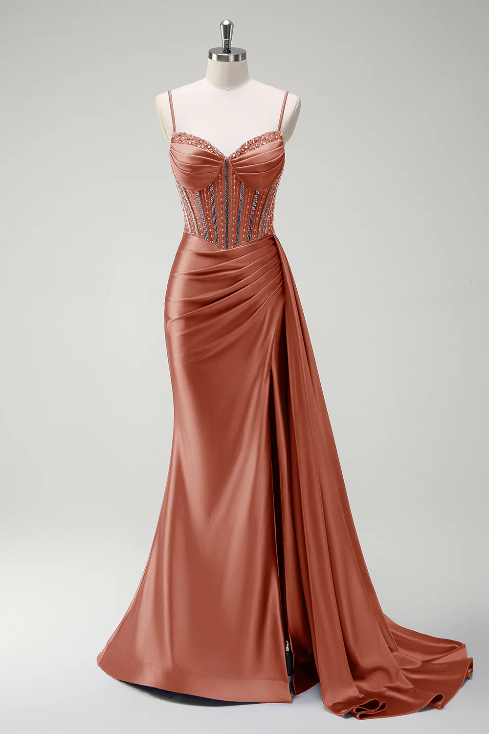 Sirène bleu royal scintillante perlée Corset froncé Robe de soirée longue en satin avec fente - Image 13