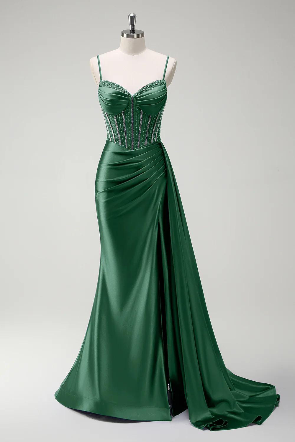Sirène bleu royal scintillante perlée Corset froncé Robe de soirée longue en satin avec fente - Image 15