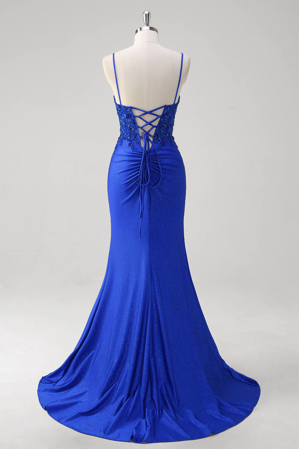 Sirène bleu royal scintillante spaghetti bretelles longue robe de bal corset avec appliques - Image 2