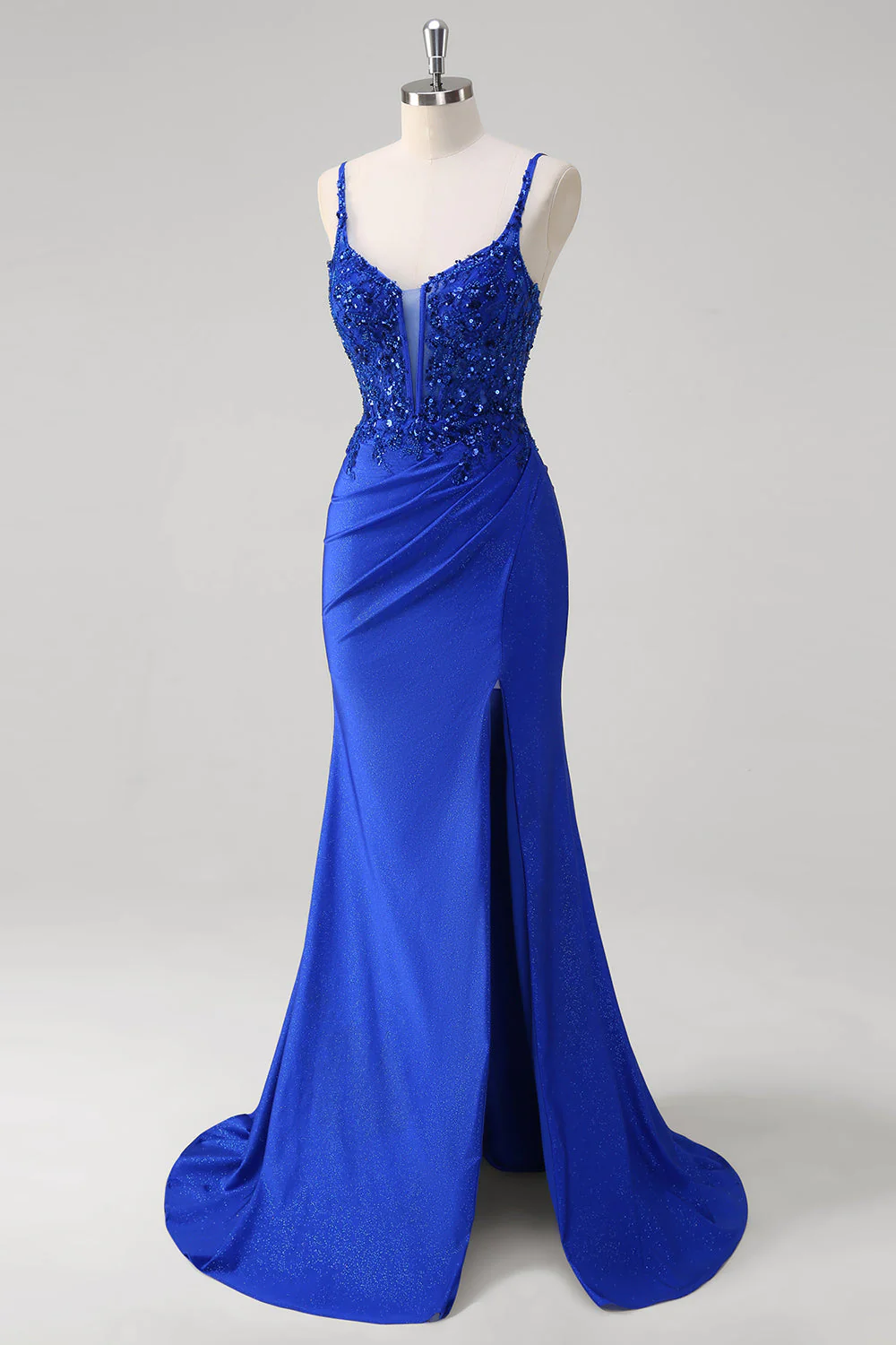 Sirène bleu royal scintillante spaghetti bretelles longue robe de bal corset avec appliques - Image 3