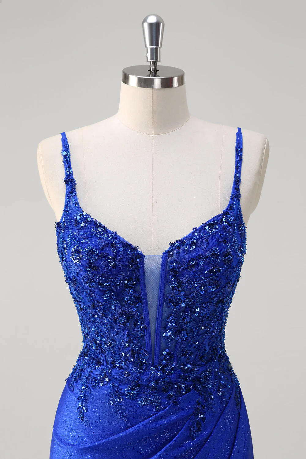 Sirène bleu royal scintillante spaghetti bretelles longue robe de bal corset avec appliques - Image 4