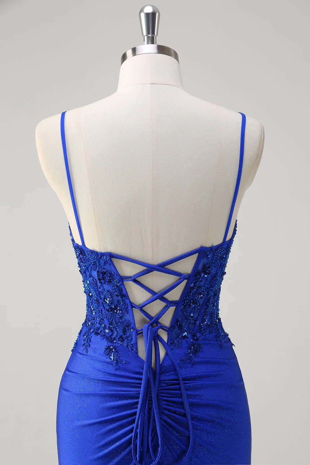 Sirène bleu royal scintillante spaghetti bretelles longue robe de bal corset avec appliques - Image 5
