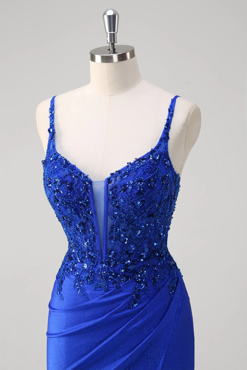 Sirène bleu royal scintillante spaghetti bretelles longue robe de bal corset avec appliques - Image 6