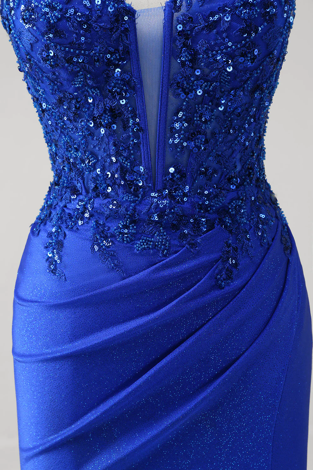 Sirène bleu royal scintillante spaghetti bretelles longue robe de bal corset avec appliques - Image 7