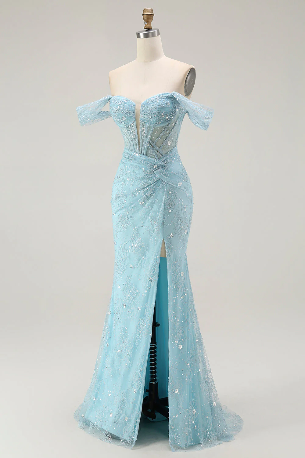 Sirène bleue à épaule dénudée perlée longue Robe de soirée avec fente - Image 3
