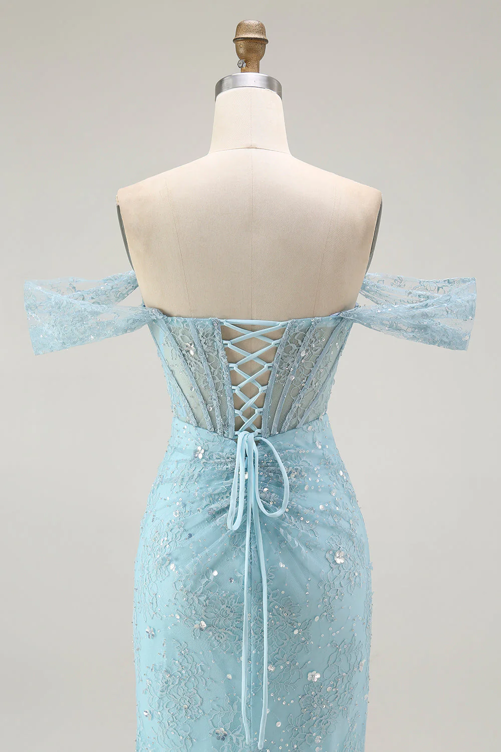 Sirène bleue à épaule dénudée perlée longue Robe de soirée avec fente - Image 5