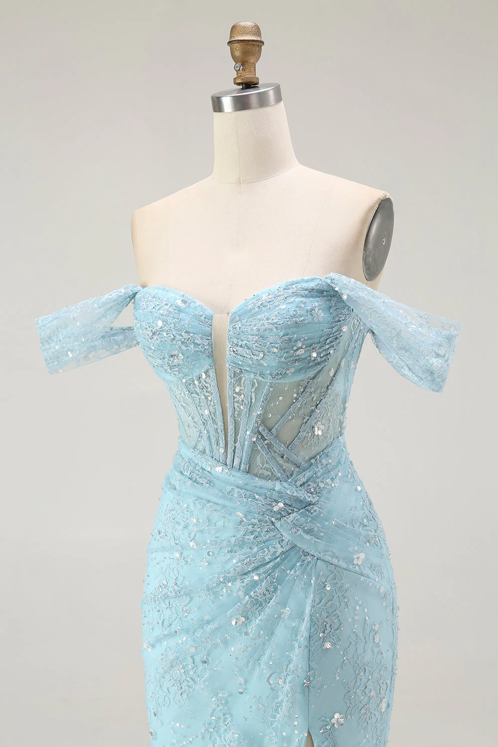 Sirène bleue à épaule dénudée perlée longue Robe de soirée avec fente - Image 6