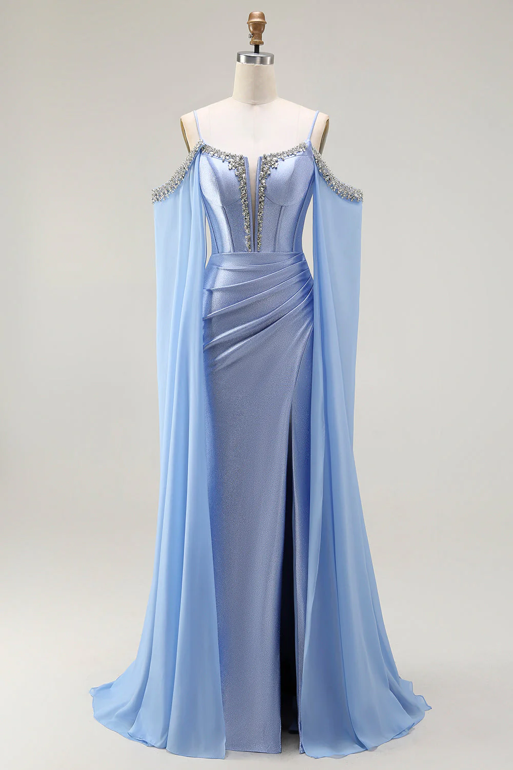Robe de soirée sirène longue bleue à bustier perlée avec cape à manches et épaule froide convertible