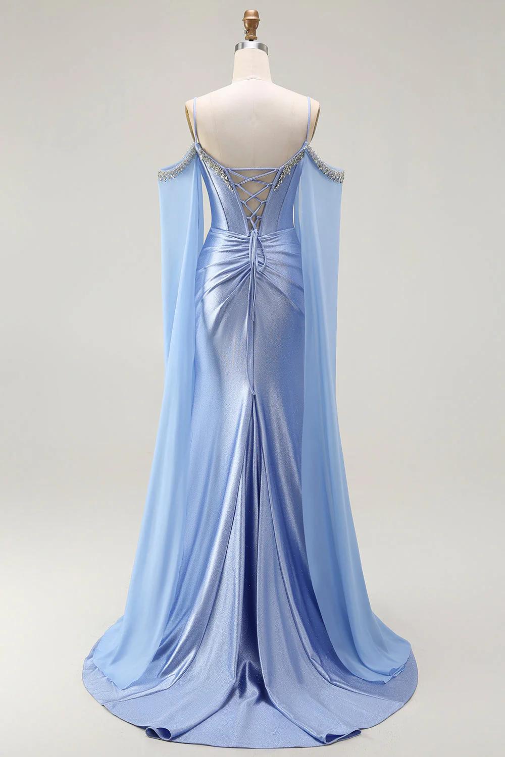 Robe de soirée sirène longue bleue à bustier perlée avec cape à manches et épaule froide convertible - Image 2