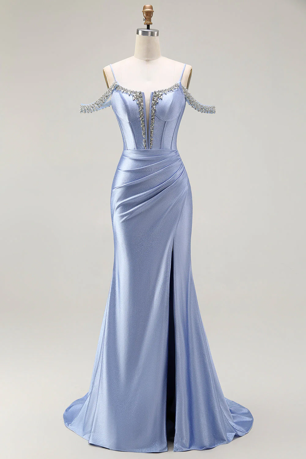 Robe de soirée sirène longue bleue à bustier perlée avec cape à manches et épaule froide convertible - Image 4
