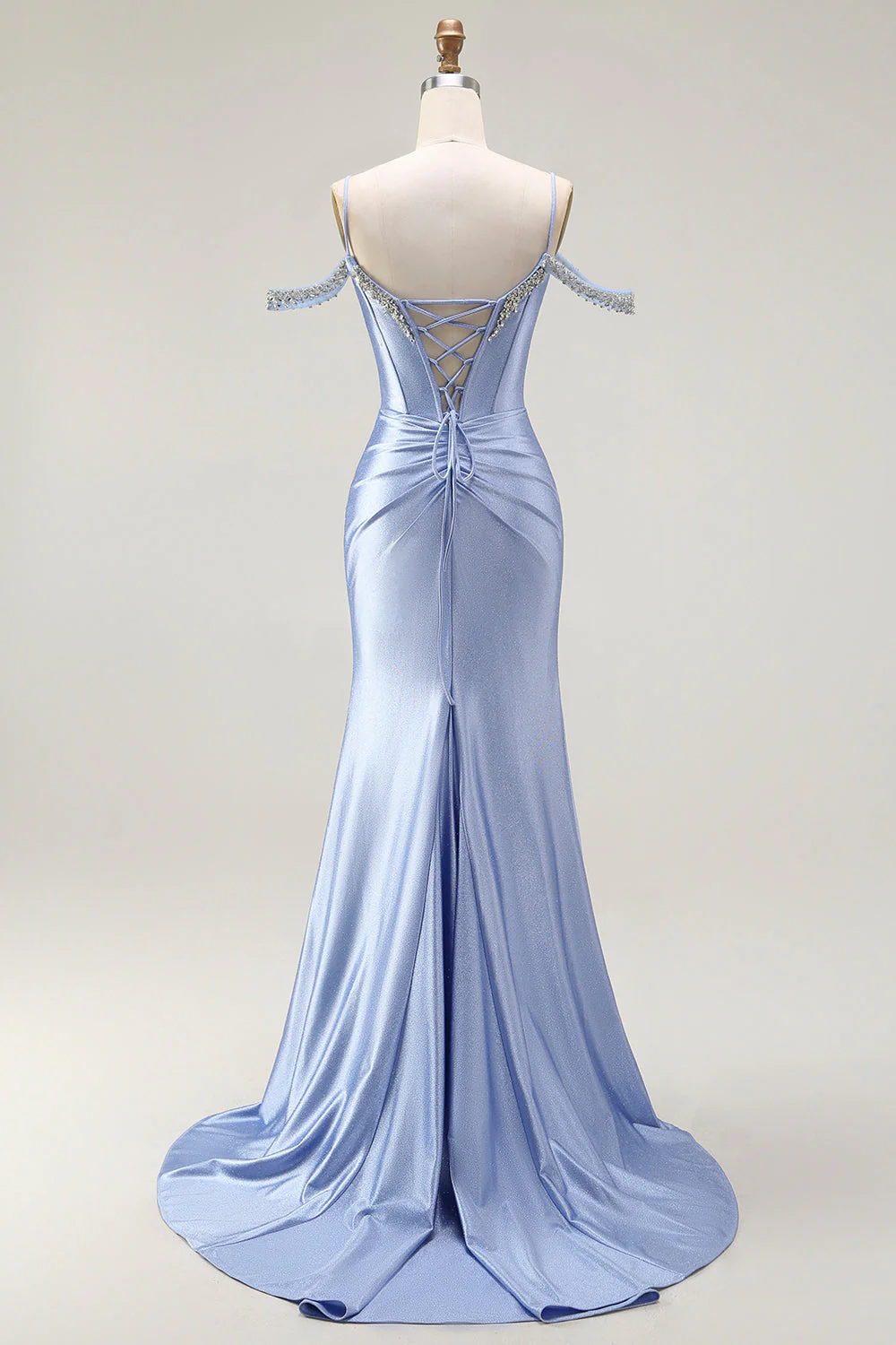 Robe de soirée sirène longue bleue à bustier perlée avec cape à manches et épaule froide convertible - Image 5