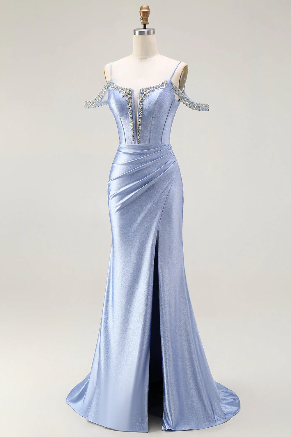 Robe de soirée sirène longue bleue à bustier perlée avec cape à manches et épaule froide convertible - Image 6