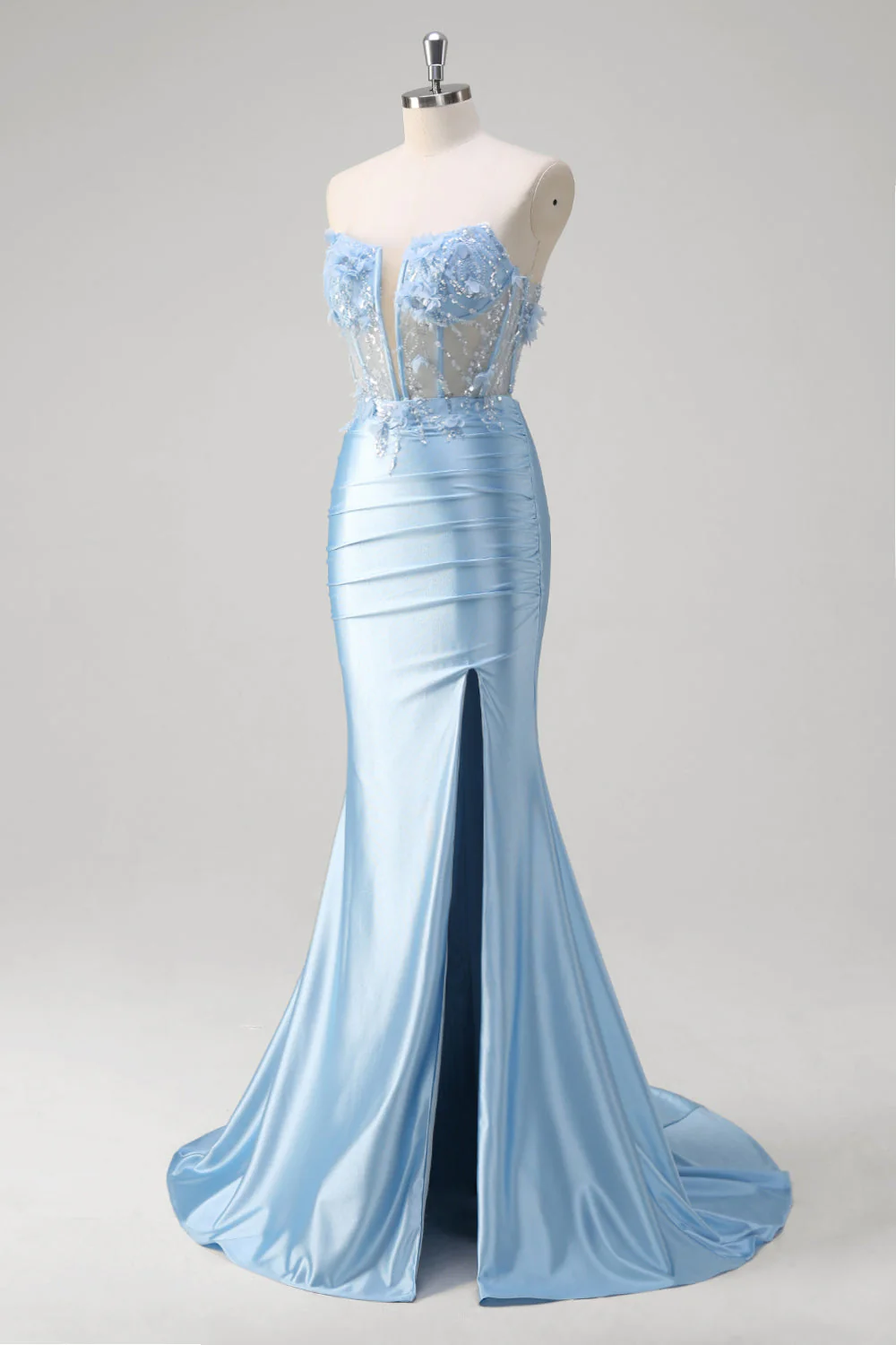 Sirène bleue Floral Bustier Corset Robe Longue De Bal Avec Fente - Image 3
