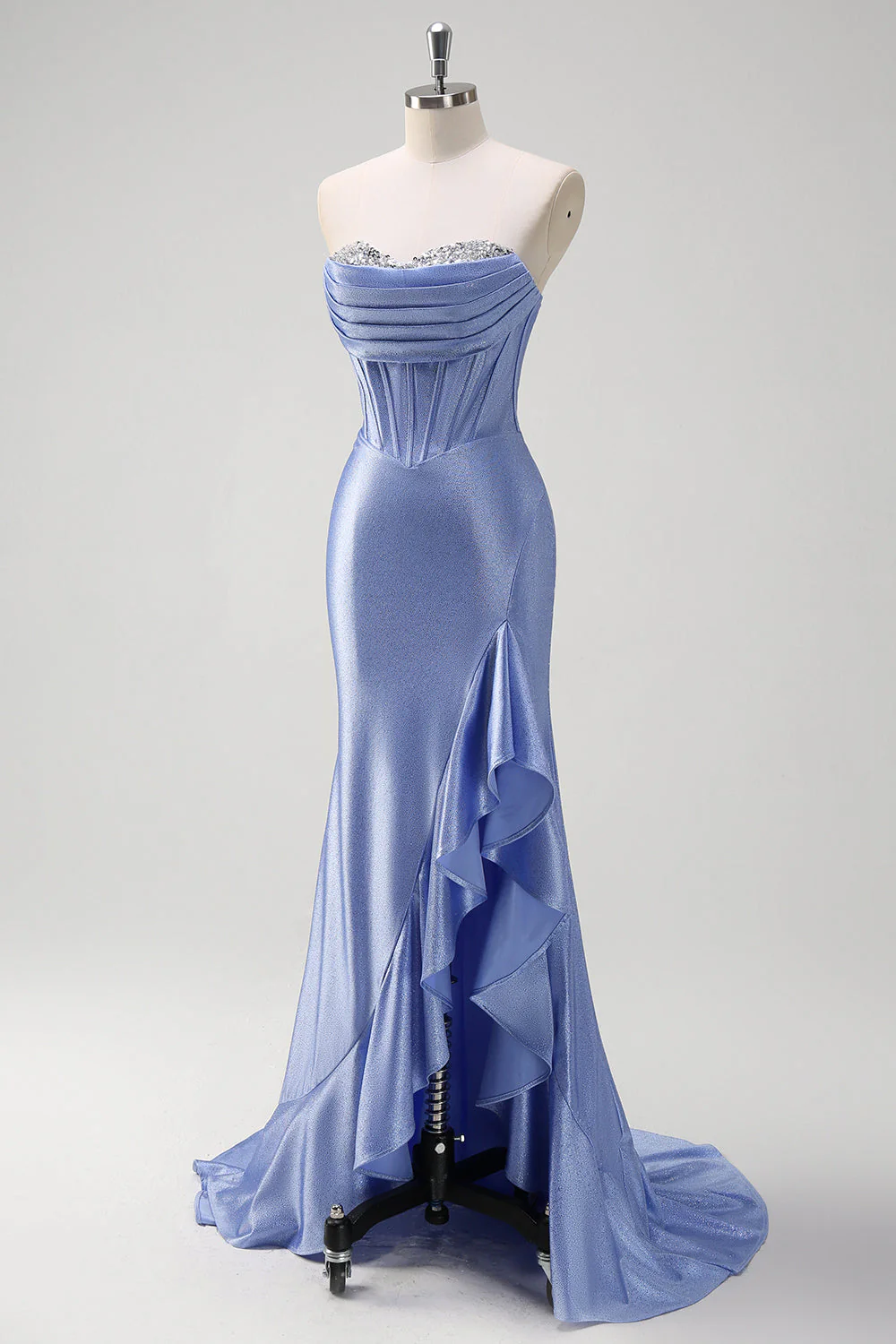 Sirène bleue grise scintillante sans bretelles à volants Corset Robe de soirée longue en satin avec fente - Image 3