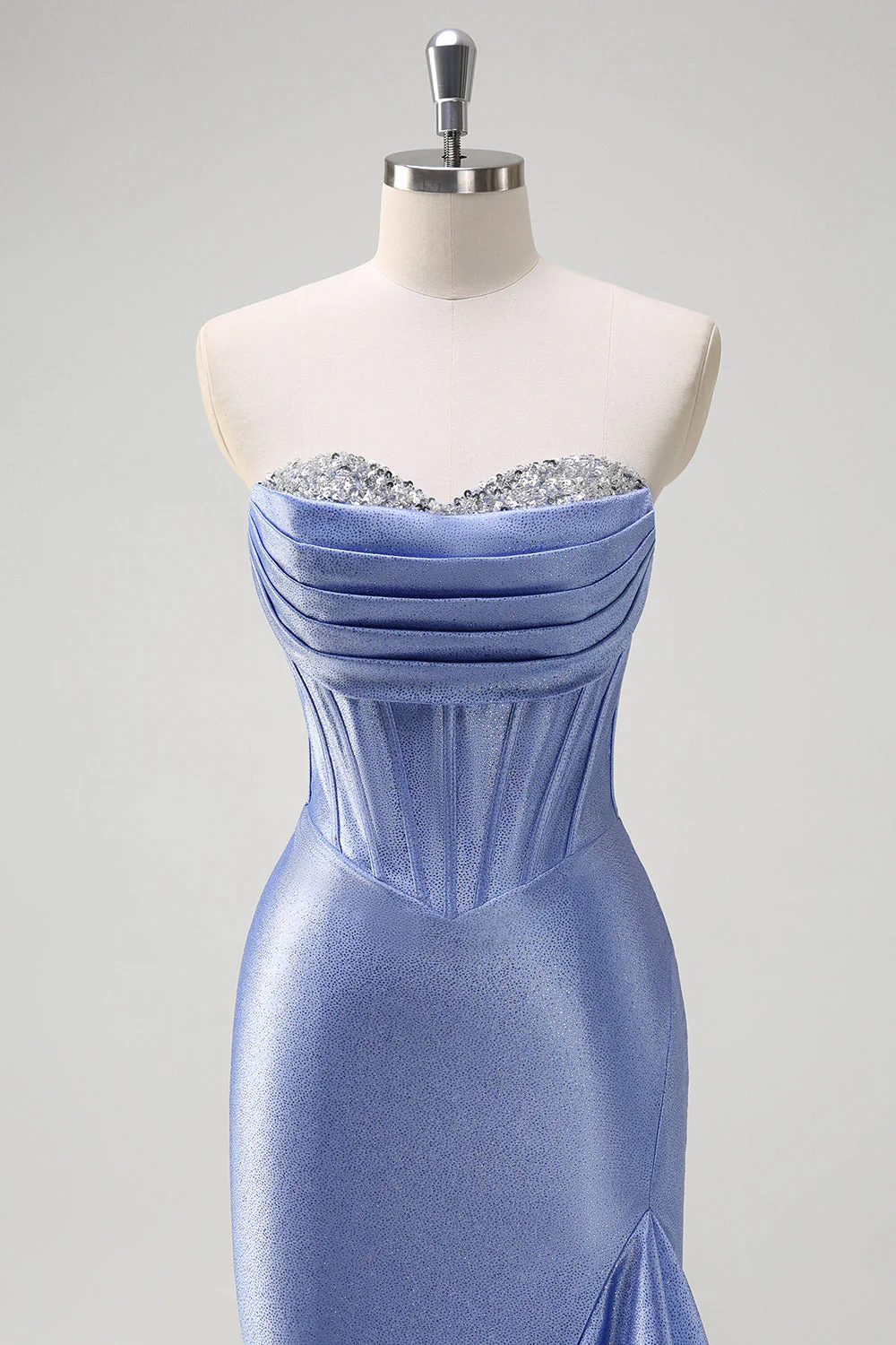 Sirène bleue grise scintillante sans bretelles à volants Corset Robe de soirée longue en satin avec fente - Image 4