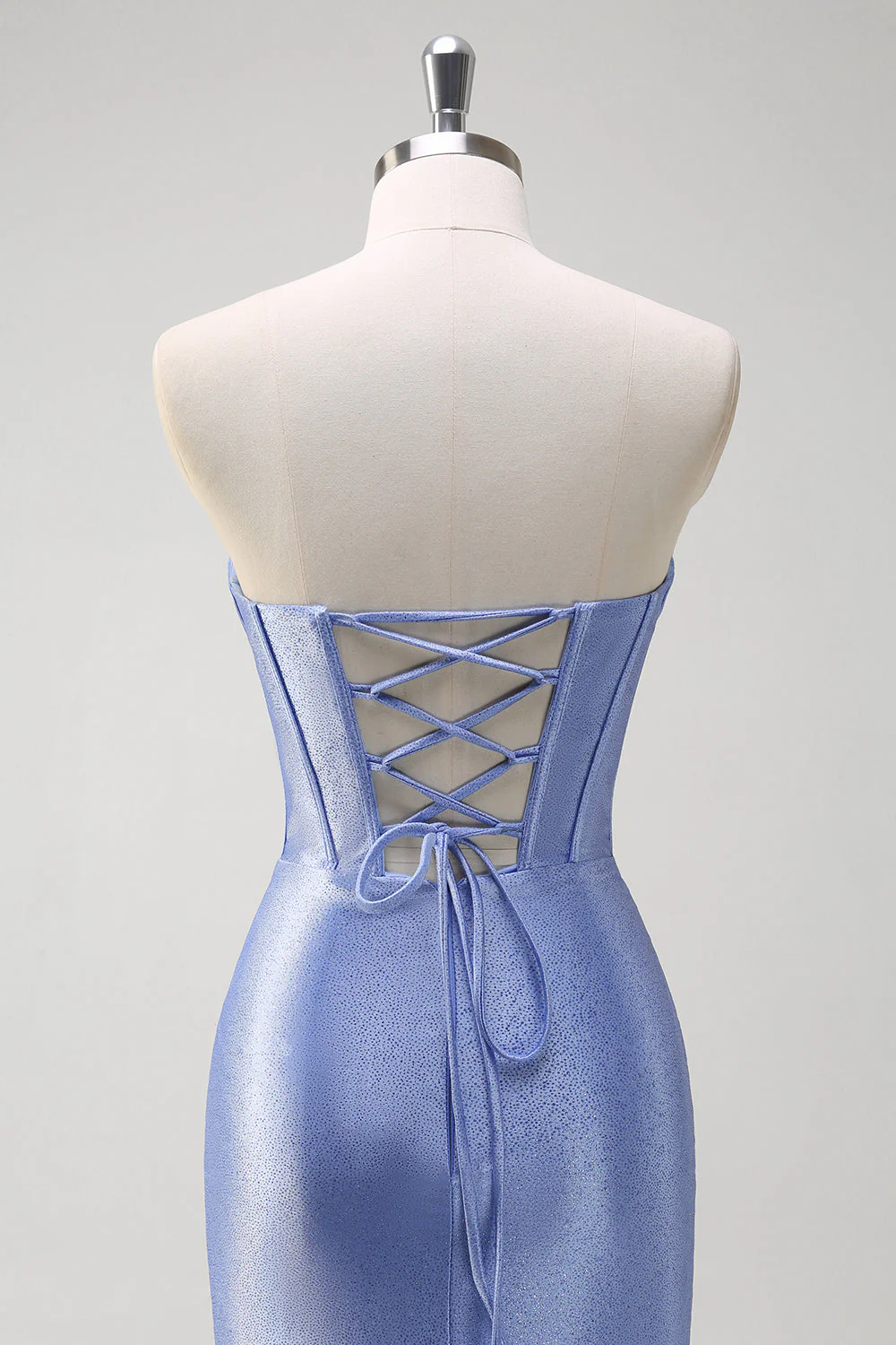 Sirène bleue grise scintillante sans bretelles à volants Corset Robe de soirée longue en satin avec fente - Image 5
