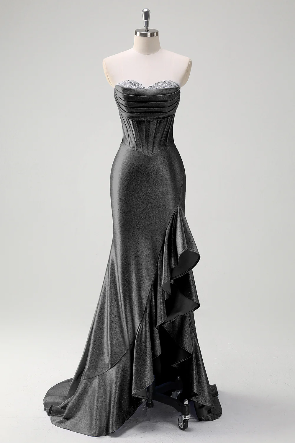 Sirène bleue grise scintillante sans bretelles à volants Corset Robe de soirée longue en satin avec fente - Image 7