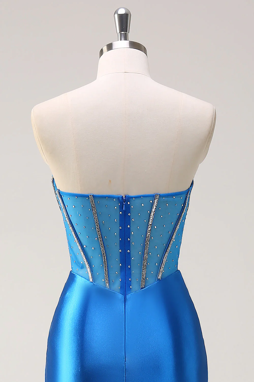 Sirène bleue sans bretelles perlée corset robe de Soirée avec fente - Image 5