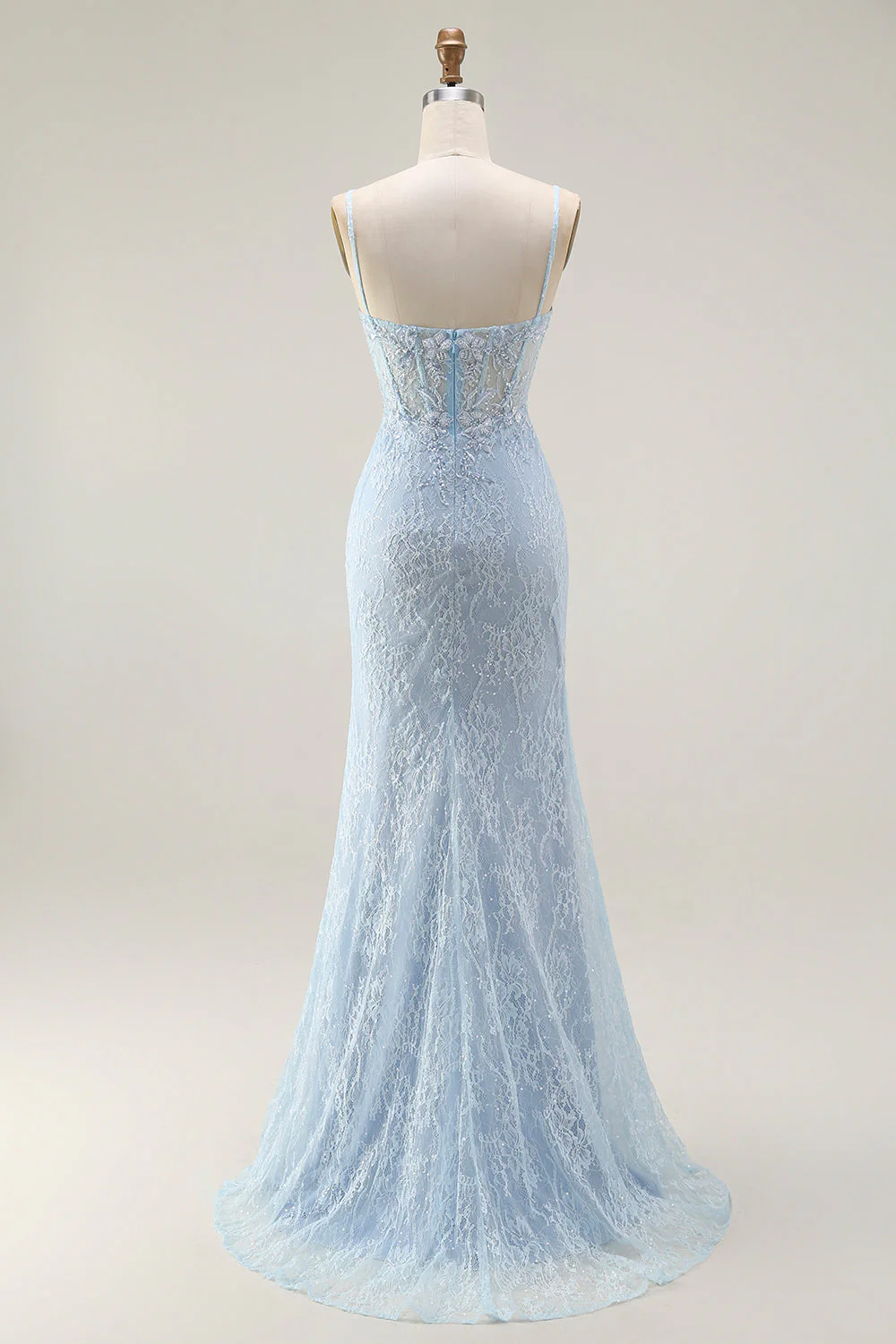 Sirène bleue spaghetti bretelles Corset dentelle perlée longue Robe De Soirée avec fente - Image 2