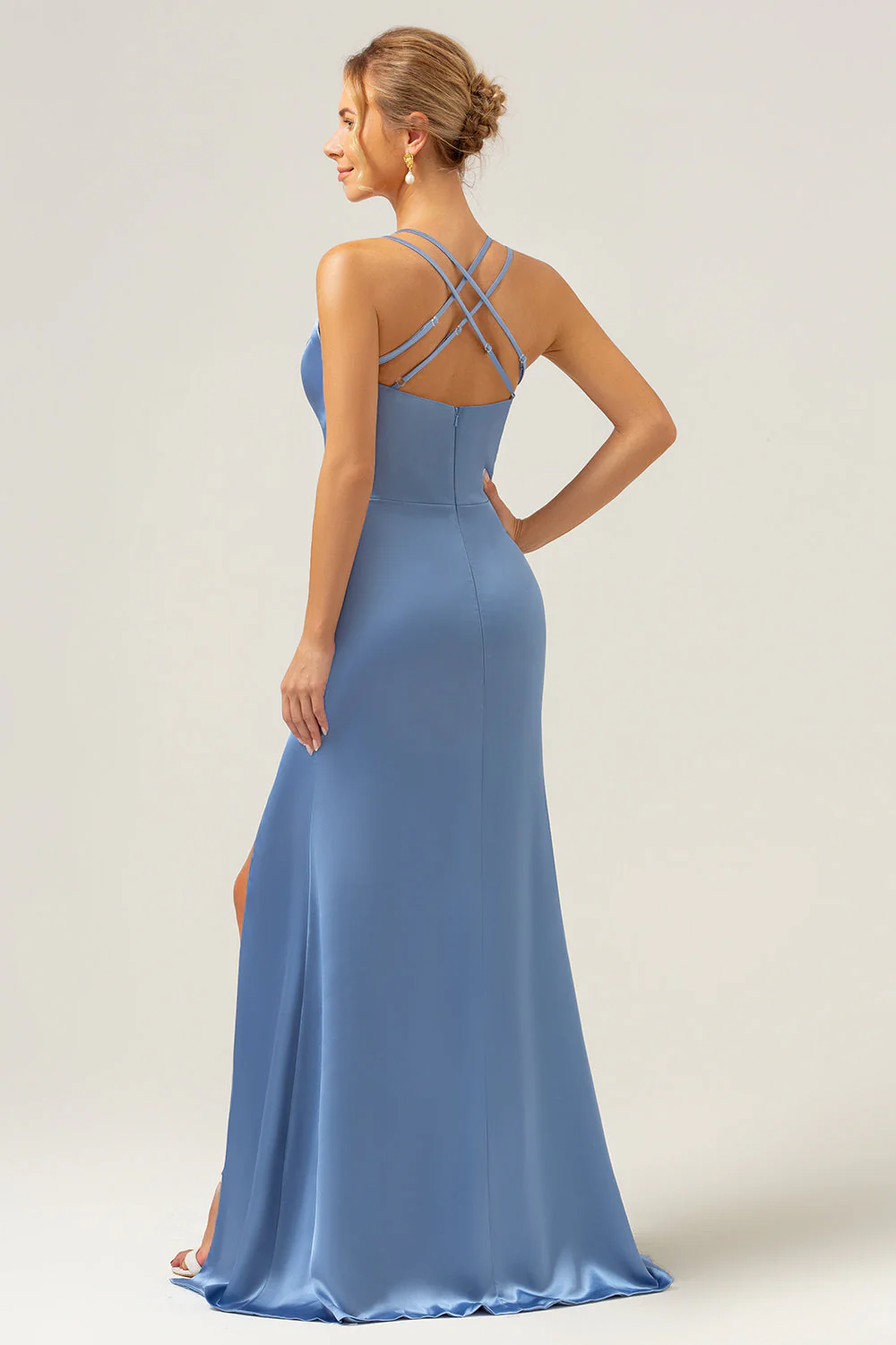 Sirène bleue spaghetti bretelles longue robe de demoiselle d’honneur en satin avec fente - Image 2