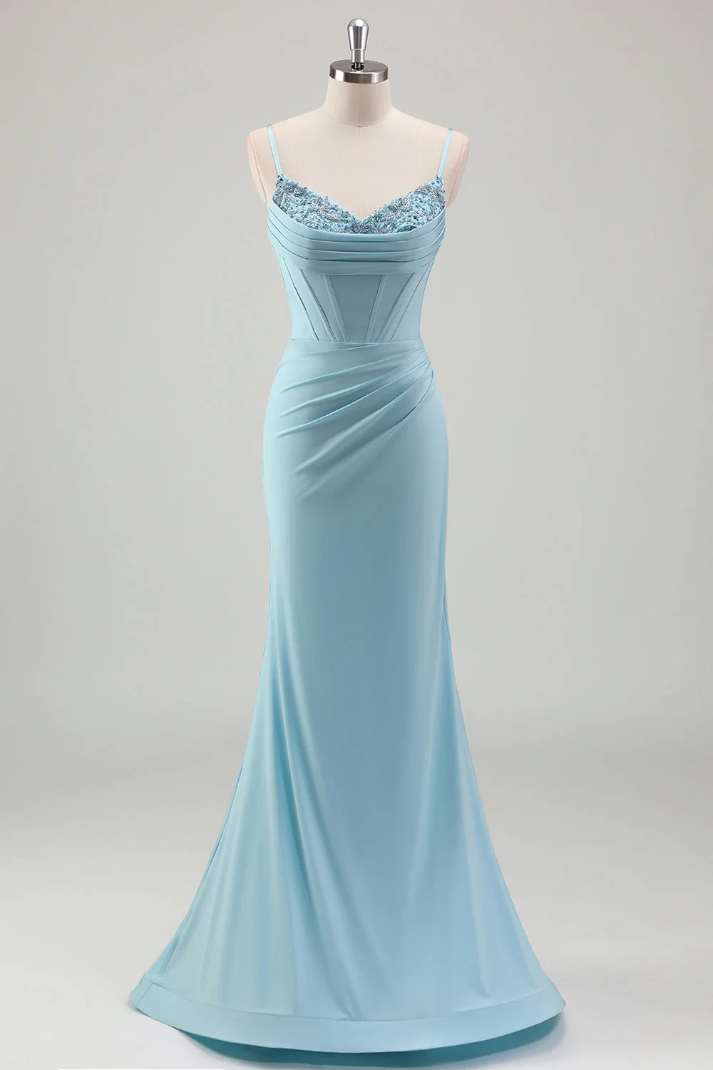 Sirène bleue spaghetti bretelles satin long corset robe de bal avec perles
