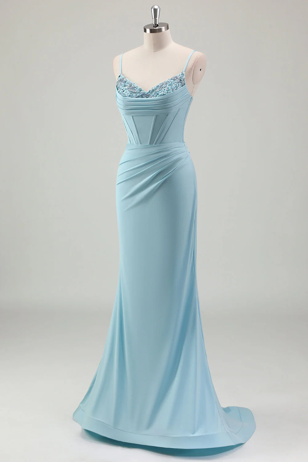 Sirène bleue spaghetti bretelles satin long corset robe de bal avec perles - Image 3