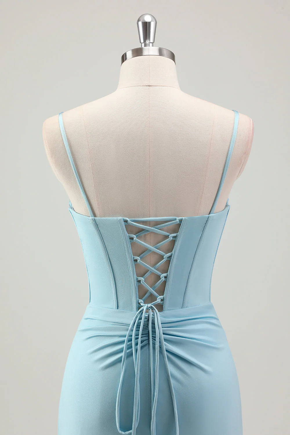 Sirène bleue spaghetti bretelles satin long corset robe de bal avec perles - Image 5