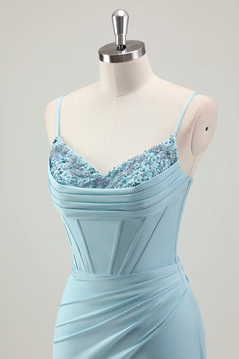 Sirène bleue spaghetti bretelles satin long corset robe de bal avec perles - Image 6