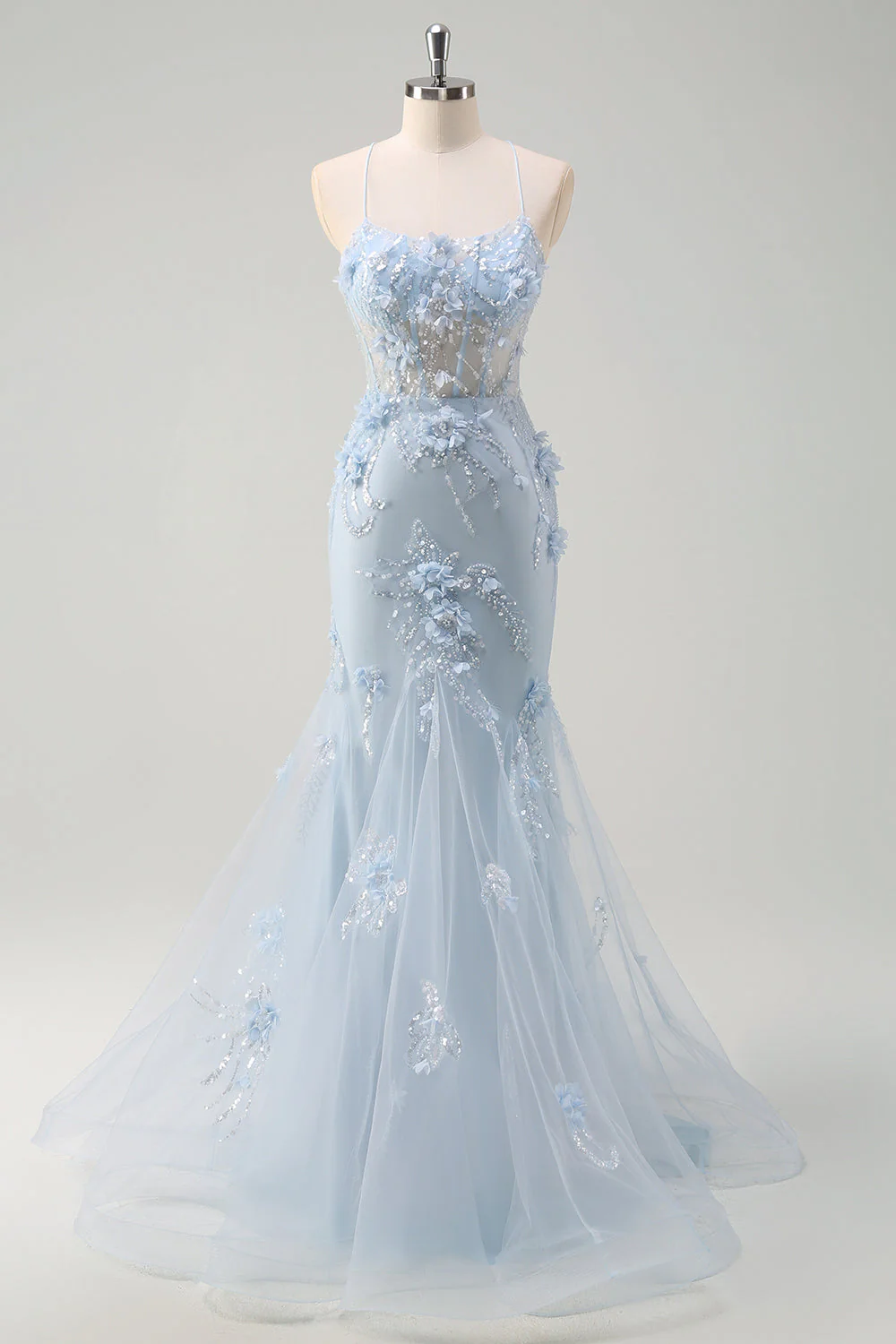 Robe de bal sirène longue en tulle bleu bustier à bretelles fines avec fleurs en relief