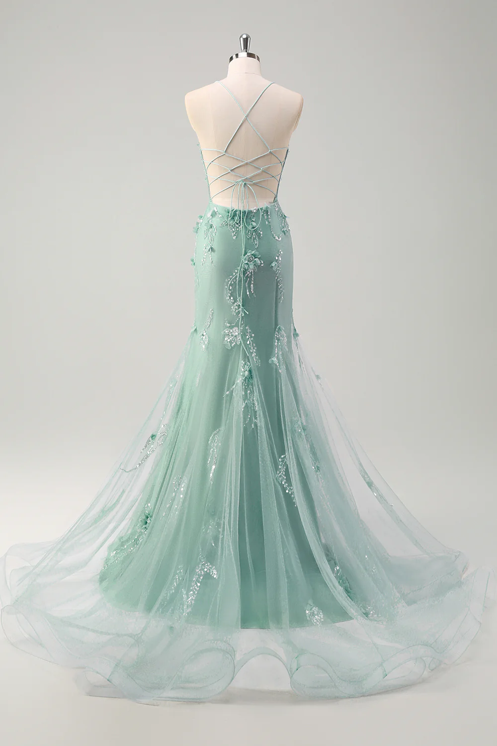 Robe de bal sirène longue en tulle bleu bustier à bretelles fines avec fleurs en relief - Image 11