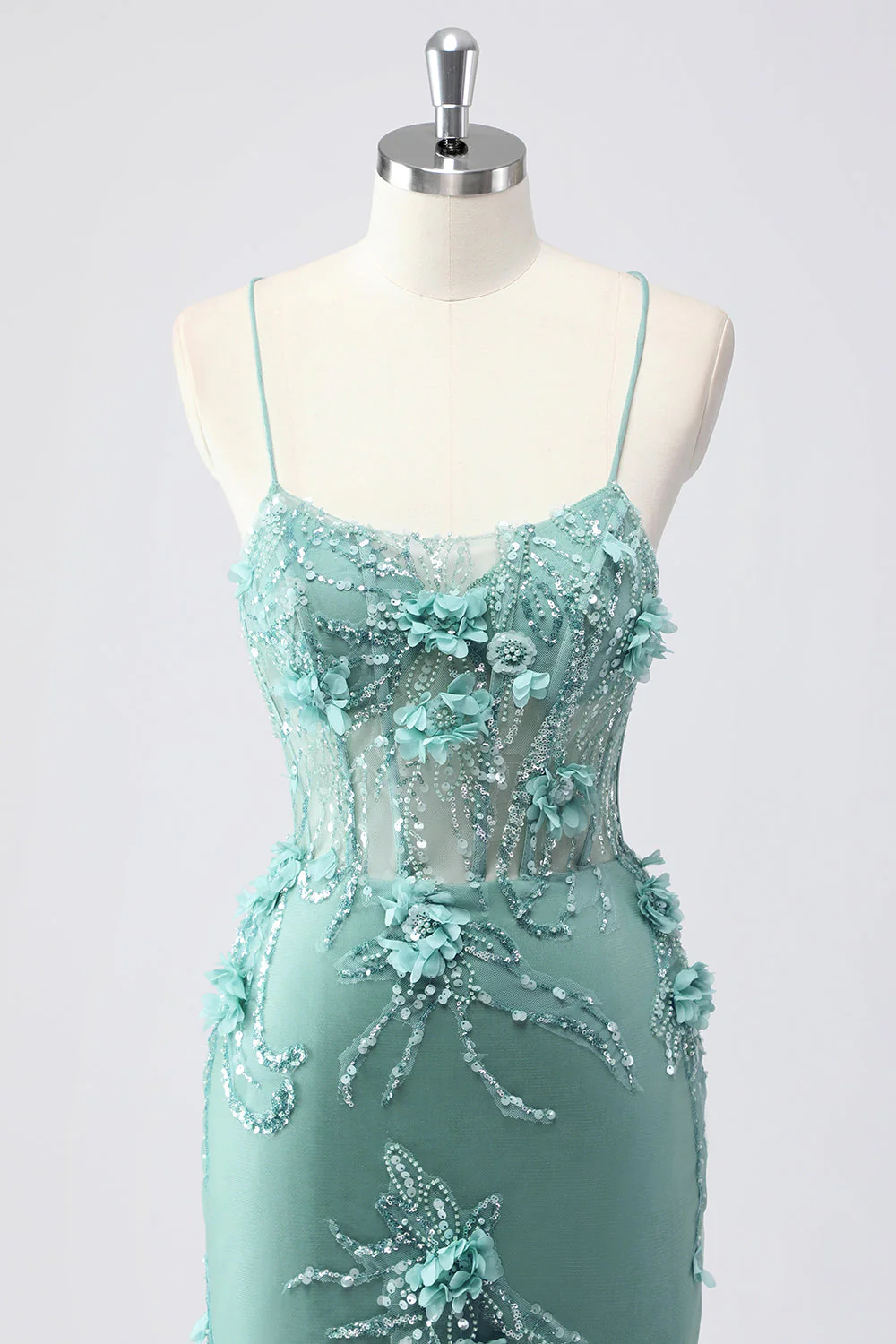 Robe de bal sirène longue en tulle bleu bustier à bretelles fines avec fleurs en relief - Image 13